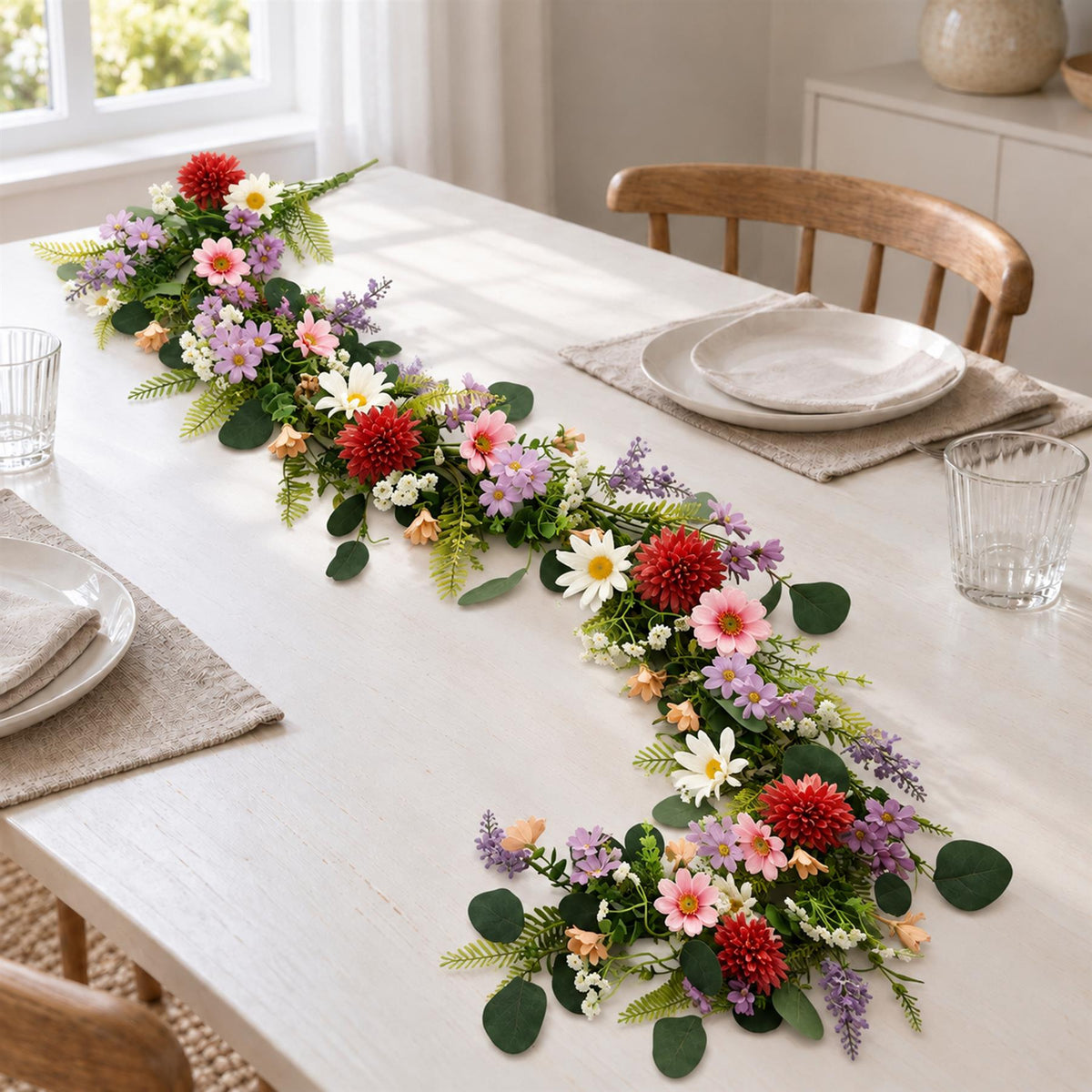 Pink Meadow Wildflower Faux Garland, 155cm with Daisies and Eucalyptus Leaves