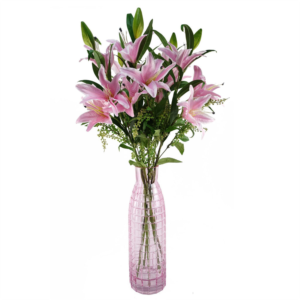 Artificial Pack of 6 x 100cm Large Pink Lily Stem - 18 Flowers - Premium Quality