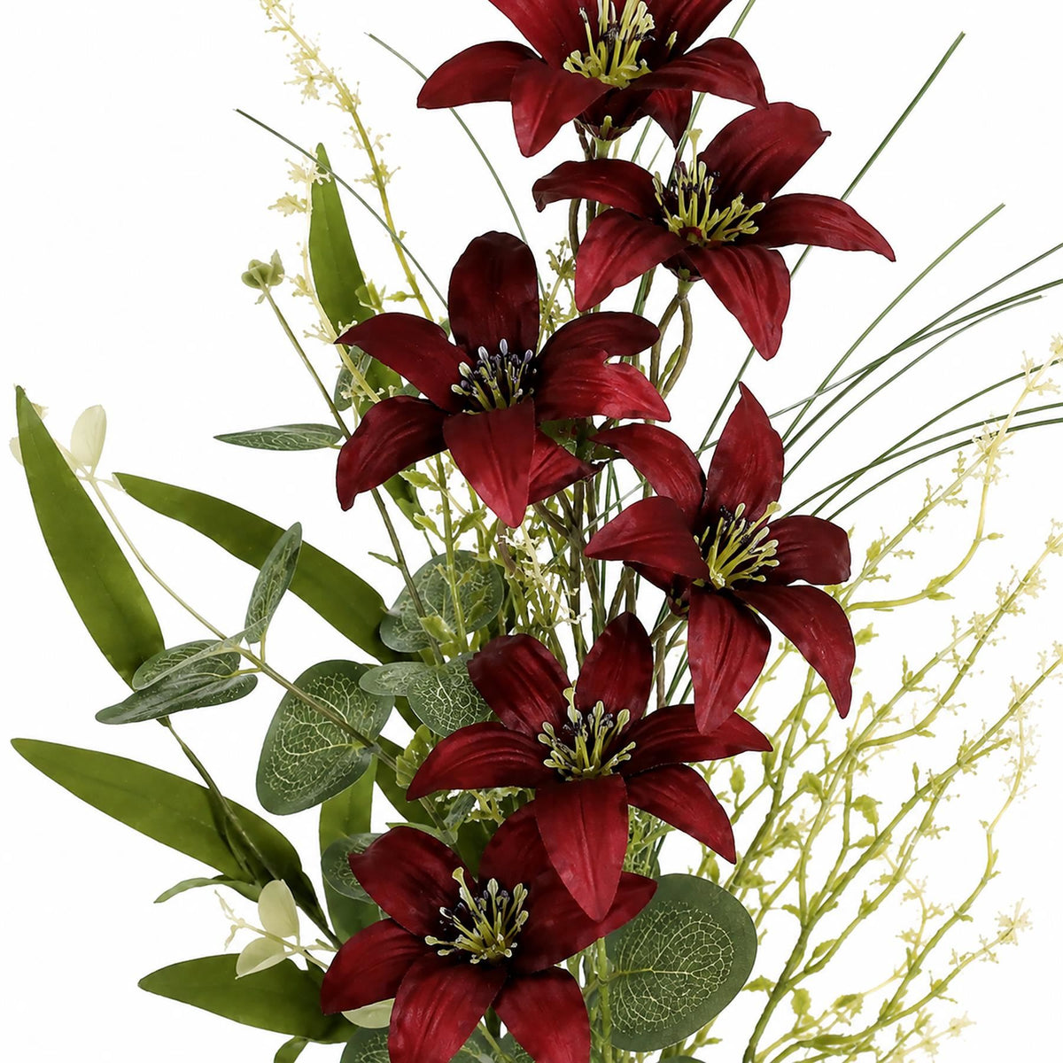 Burgundy Faux Lily Wildflower Bunches, 50cm Mixed Bouquets - Set of 6