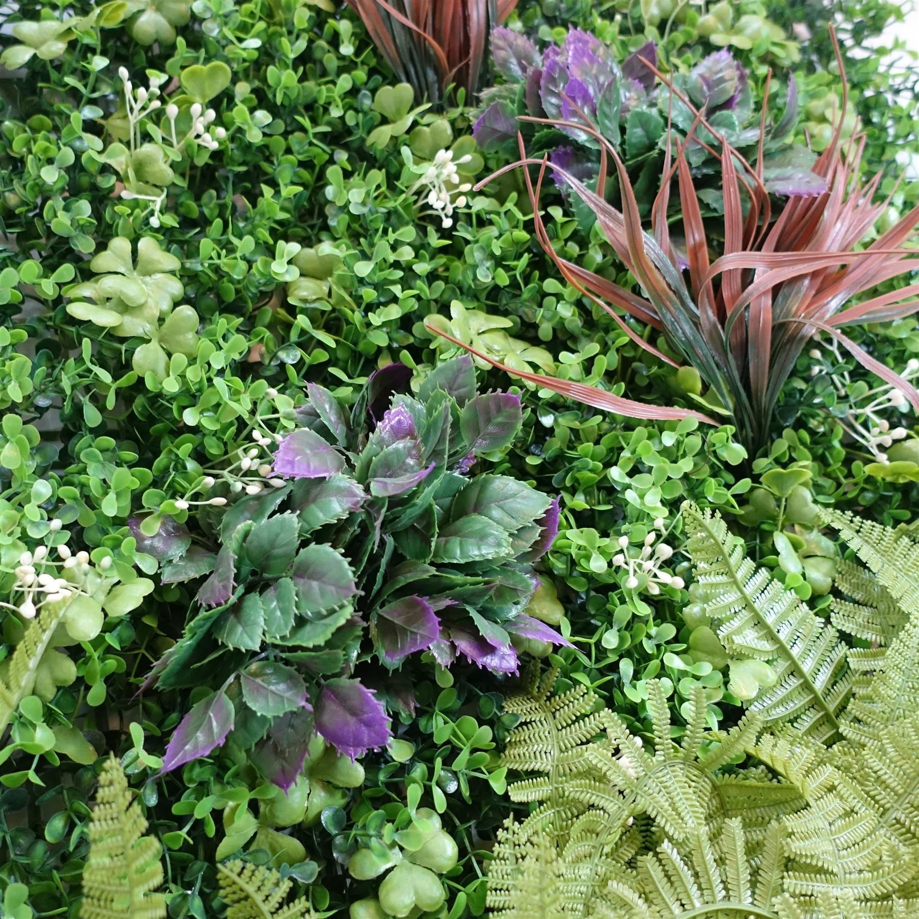 100cm Artificial Fern & Mixed Foliage Green Wall Panel with Burgundy and Grass Accents - Premium Quality