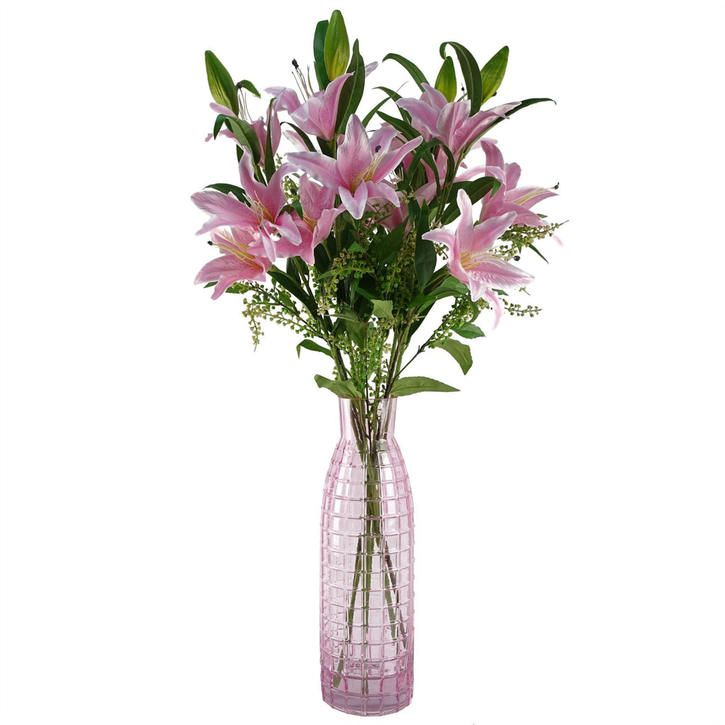 100cm Artificial Pink Lily Flower Arrangement Glass Vase - Premium Quality