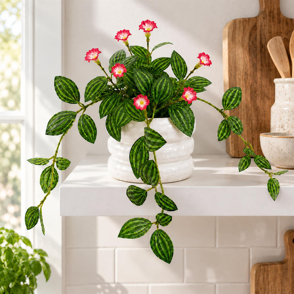 Faux Trailing Variegated Leaf Plant with Flowers, 45cm in White Pot