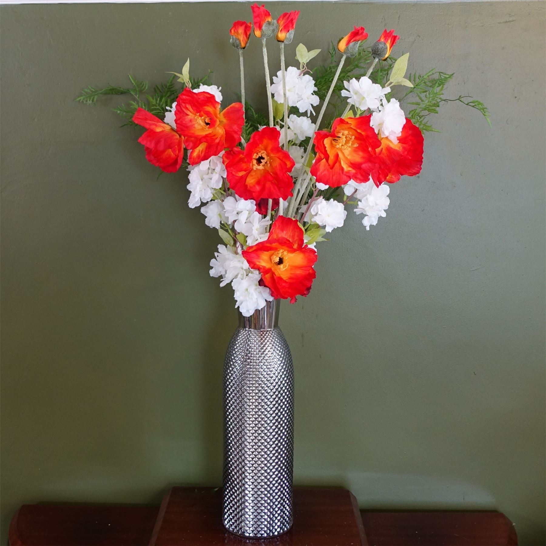 100cm Artificial Poppy and White Blossom Arrangement Glass Vase - Premium Quality