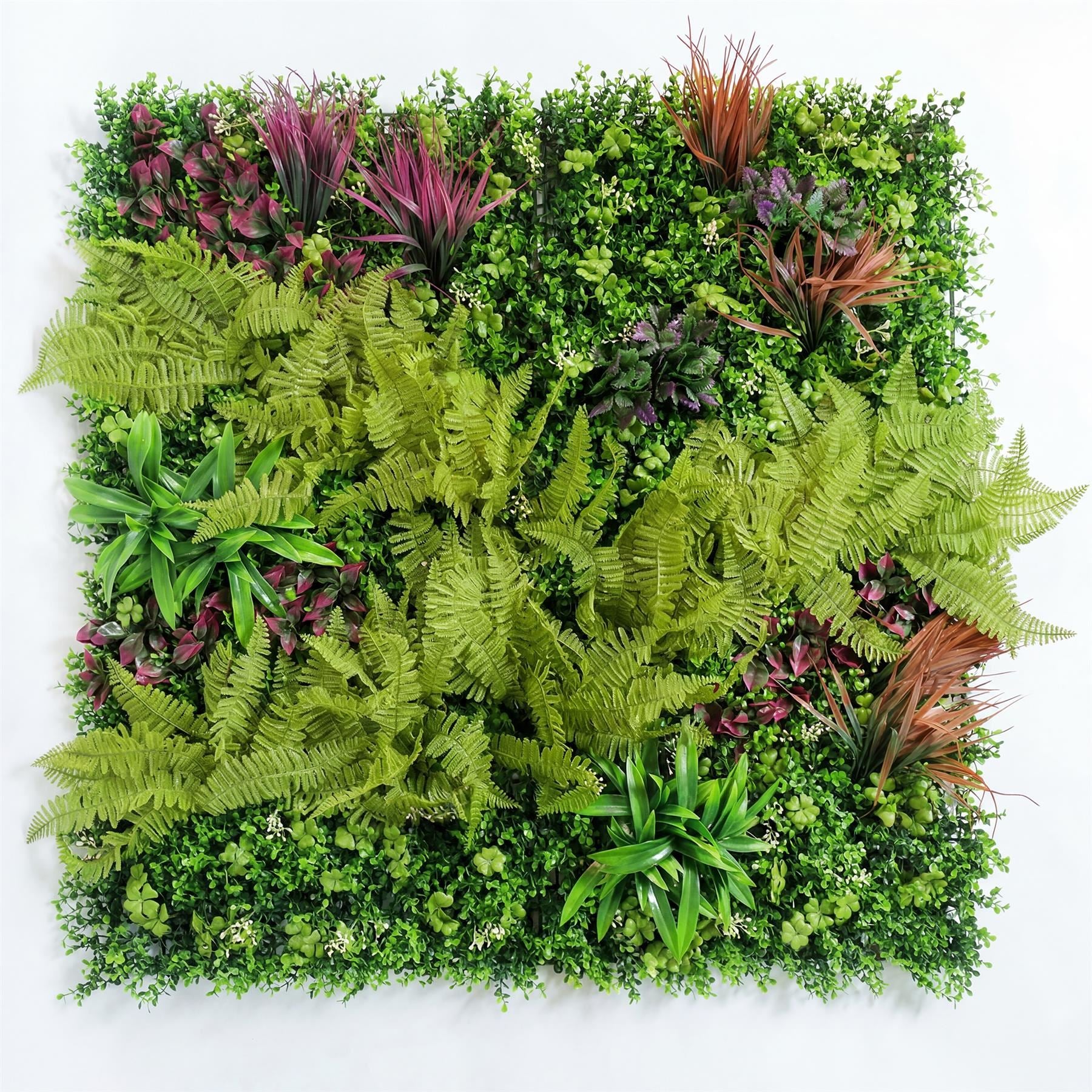 100cm Artificial Fern & Mixed Foliage Green Wall Panel with Burgundy and Grass Accents - Premium Quality