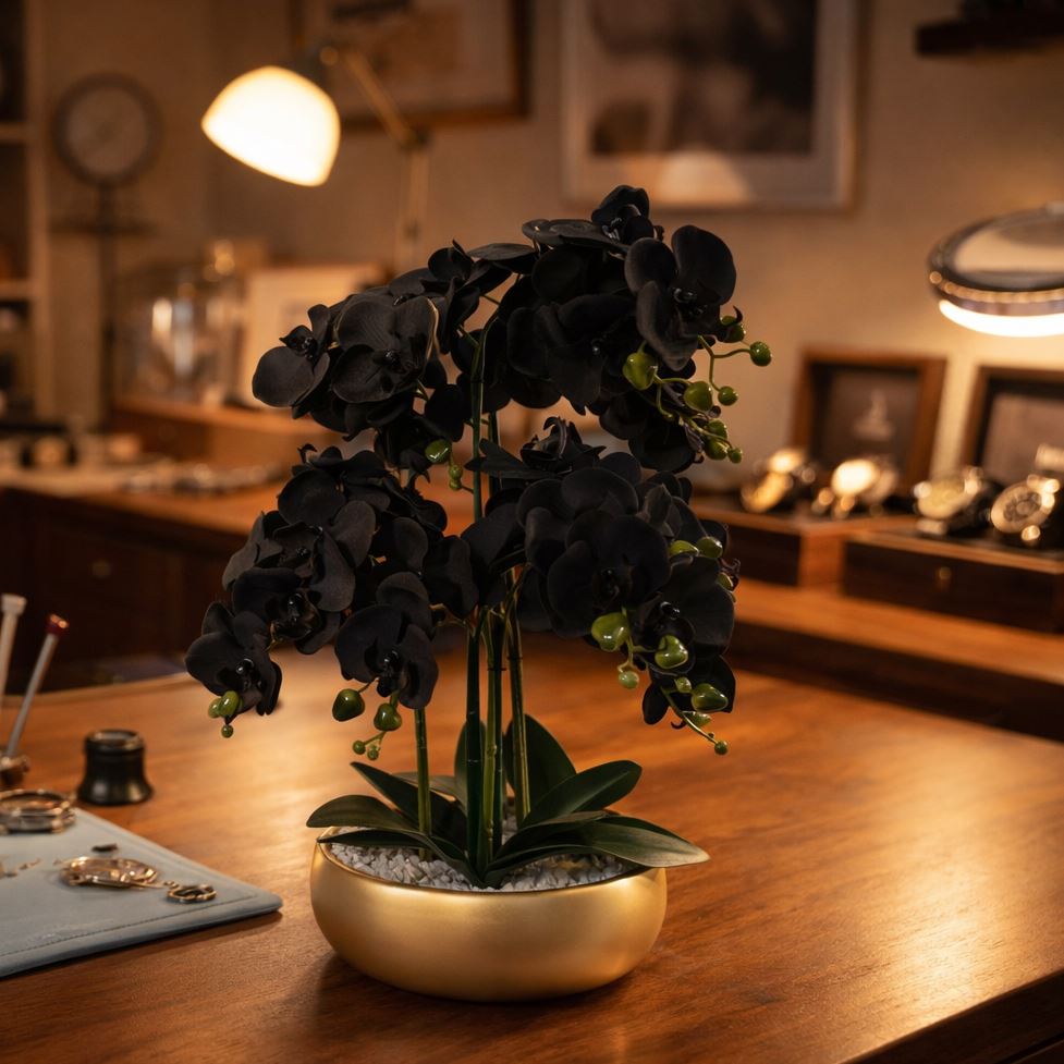 60cm Orchid Artificial Black - Gold Ceramic Planter - Premium Quality