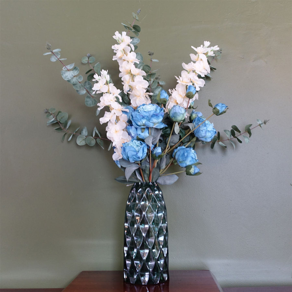 80cm Artificial Blue Peony White Delphinium Eucalyptus Glass Vase - Premium Quality
