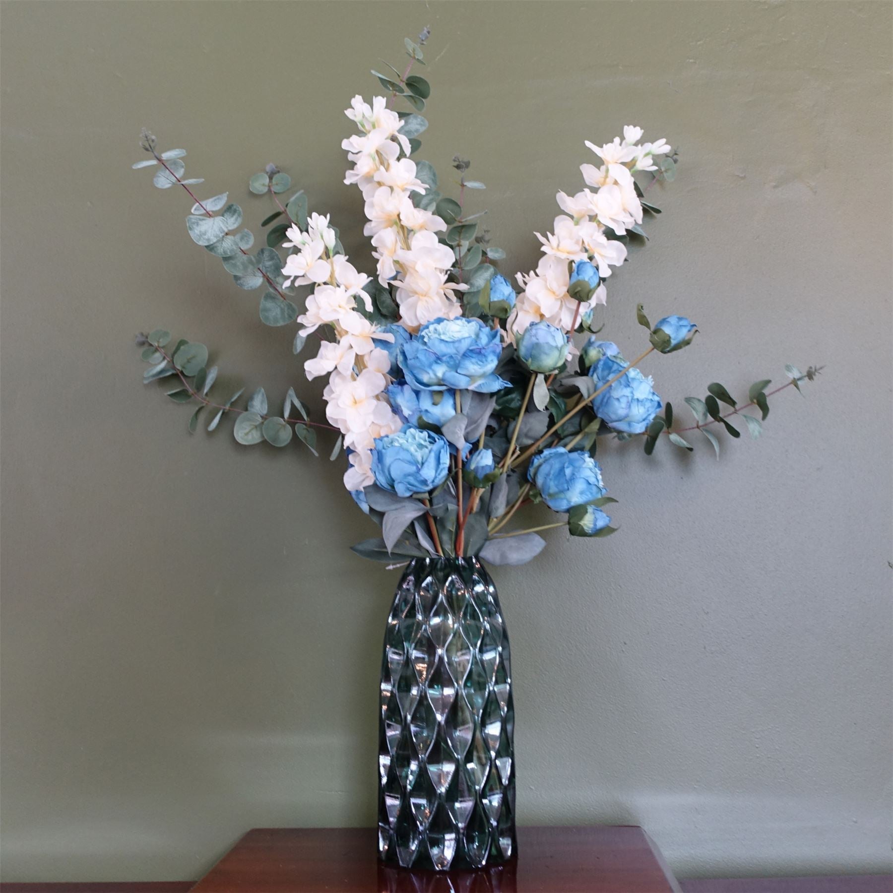 80cm Artificial Blue Peony White Delphinium Eucalyptus Glass Vase - Premium Quality