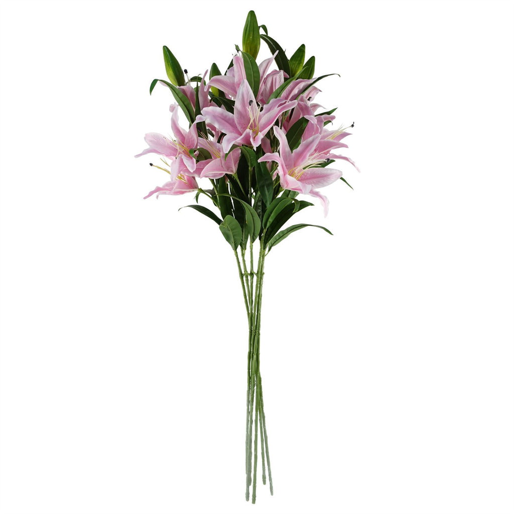 Artificial Pack of 6 x 100cm Large Pink Lily Stem - 18 Flowers - Premium Quality